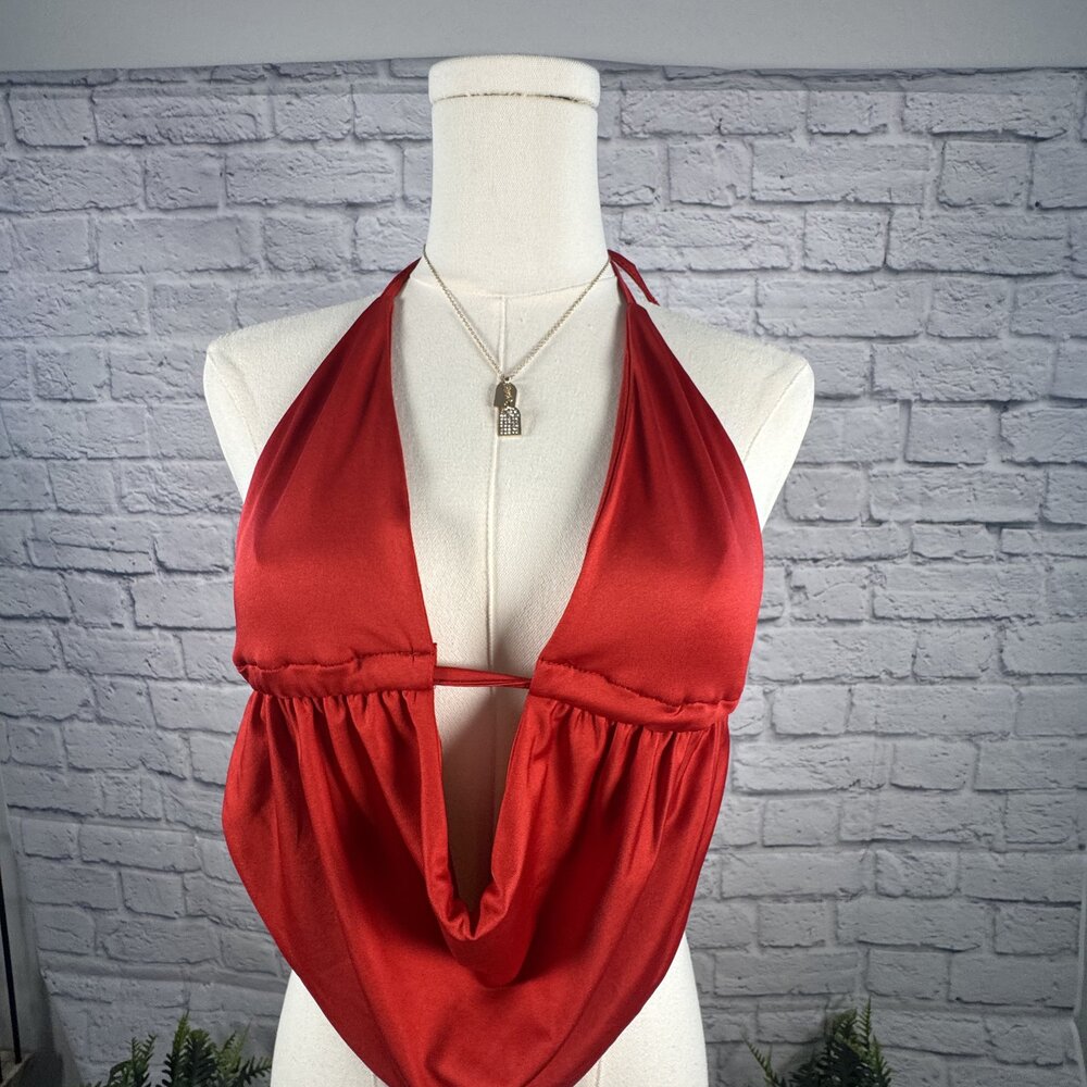 Red Satin Cowl Neck Halter Tie Top S Open Back Going Out